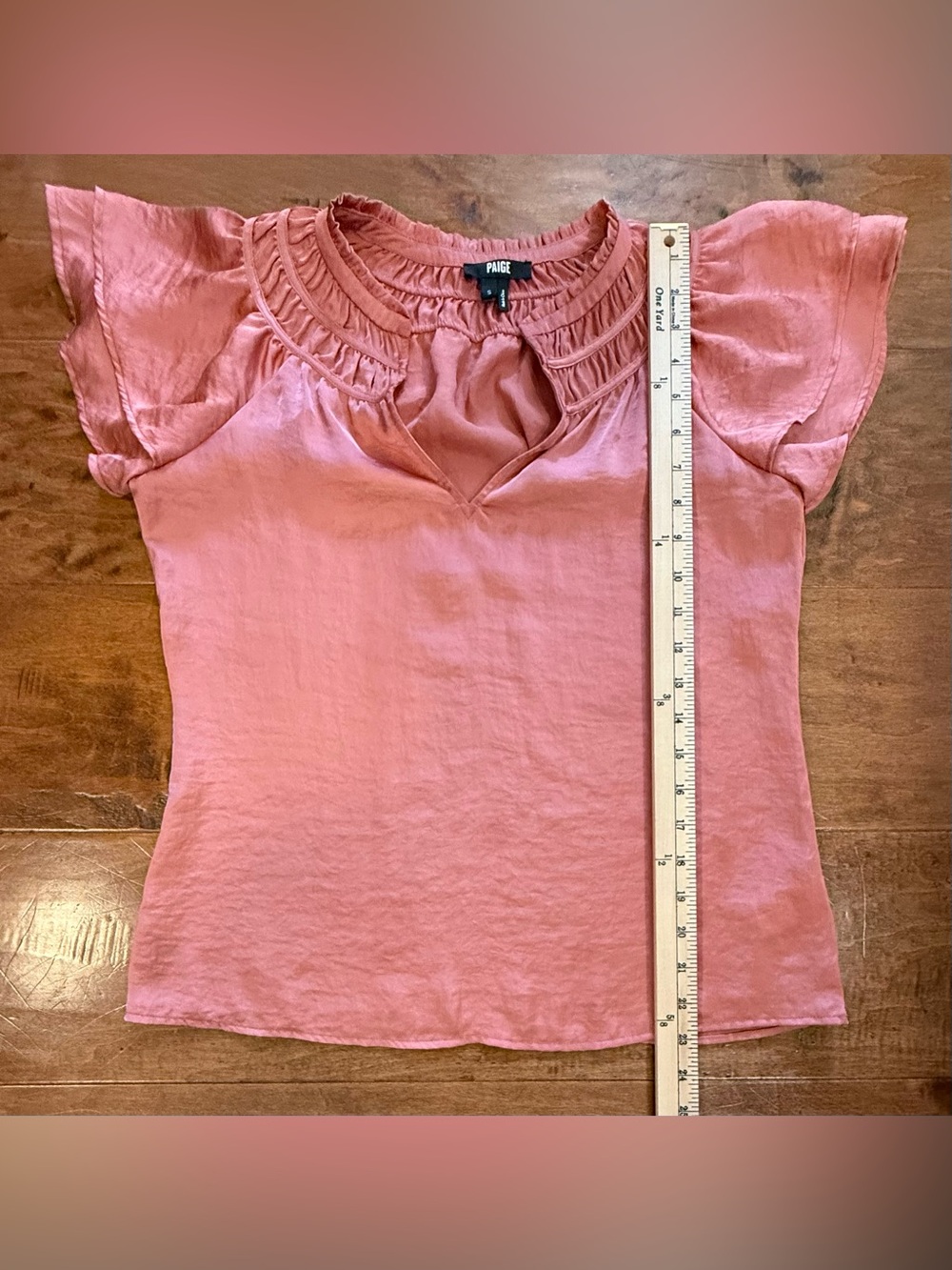 PAIGE Pink Terracotta Satin Finish Flutter Sleeve Top S - Picture 4 of 11